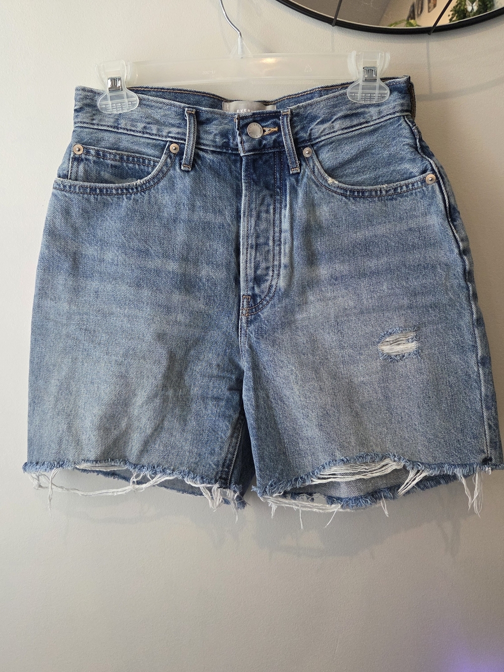 Everlane Light Blue High-Rise Distressed Denim Shorts
